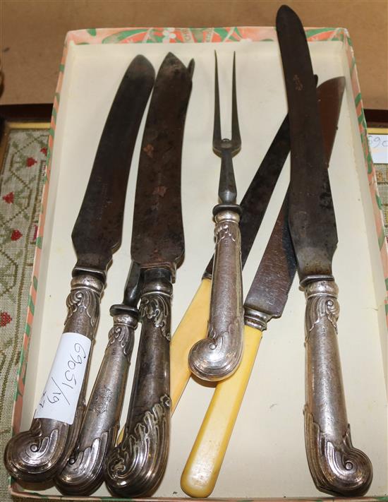 Edwardian silver pistol handled carving implements comp. 2 carving knives, fork, steel & another knife with silver handle